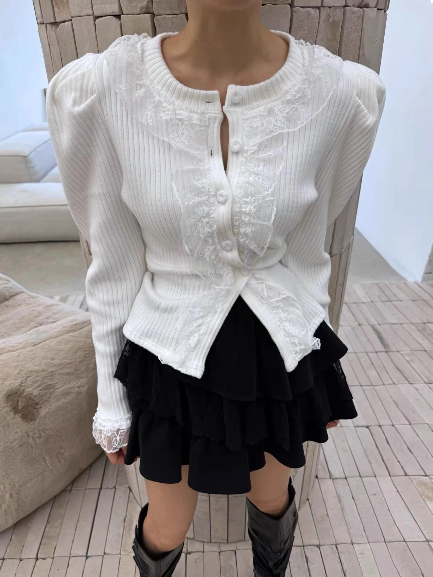 

Korean Sle Lace Trim Knitted Sweater Women's Slim Fit Patchwork Autumn New Arrival Long Sve round Ne Button up Coat