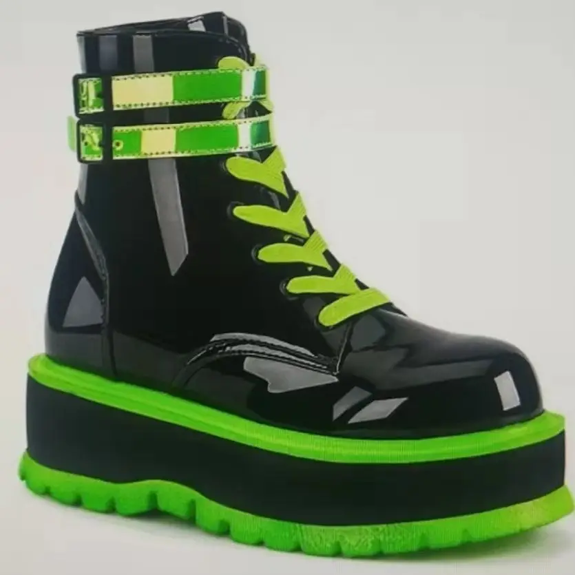 Punk Green Patent Leather Boots for Women Platform Faux Leather Ankle Boots Thick Bottom Fashion