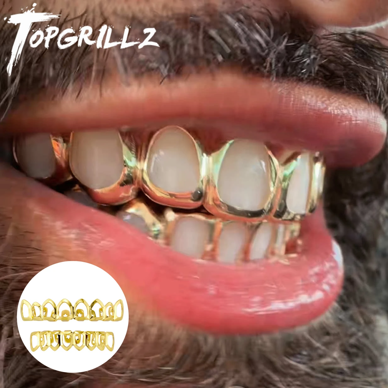 TOPGRILLZ Hip Hop Grillz Set 8 Top 8 Bottom Hollow Window Out Shiny Bling Teeth Jewelry with Moldable Beads Men Women