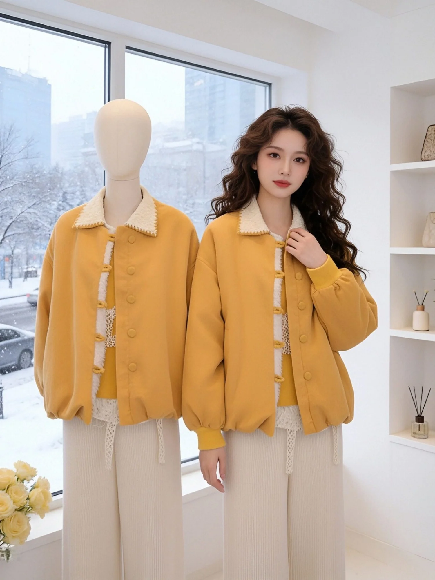 

Корейский хлопковый джат в стиле ретро с теплым воротником, женский осенне-зимний модный свободный утягивающий универсальный топ