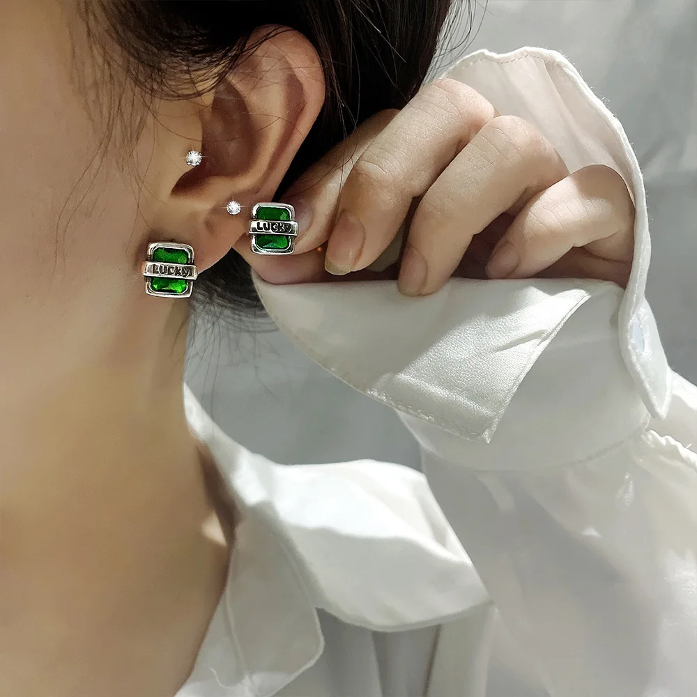 Cute Female Green Zircon Hoop Earrings Crystal Square Stone Earrings Vintage Silver Color Wedding Earrings For Women Jewelry