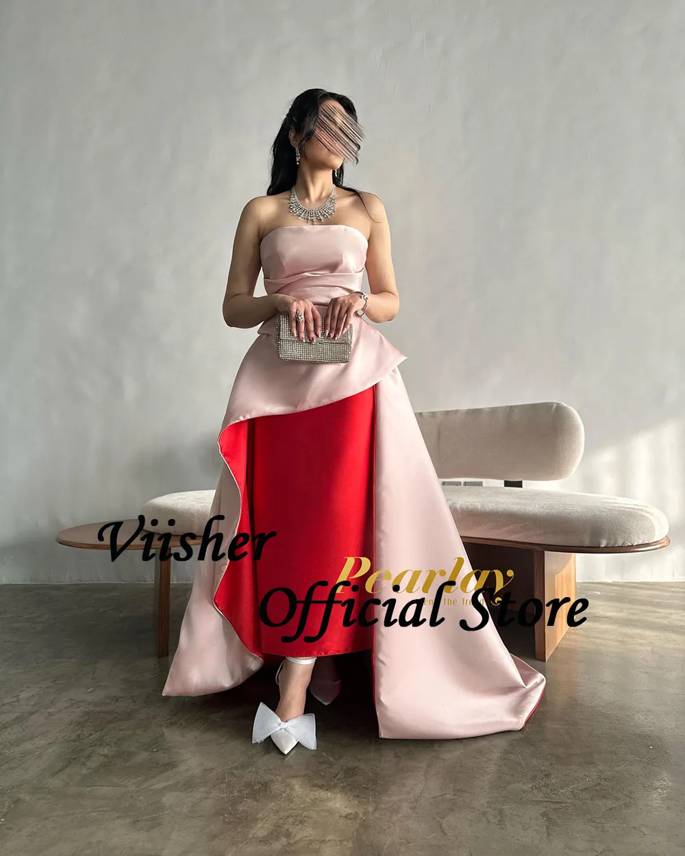 Viisher Pink Red Mermaid Evening Dresses Pleats Strapless Dubai Arabic Prom Party Dress with Train Long Celebrate Gown