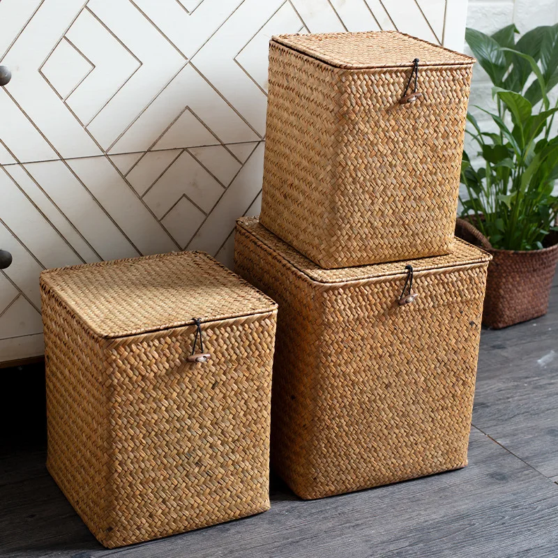 Woven Seagrass Storage Baskets Seaweed Weaving Storage Box Dirty Clothes Baskets with lid Wicker Straw Rattan Sundries Organizer