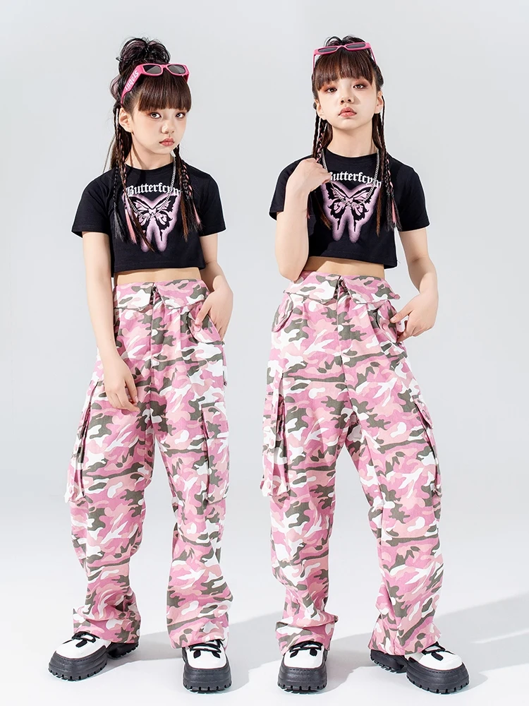 Girls Jazz Dance Clothes Hip Hop Costume Summer Black Crop Tops Fashion Pink Camouflage Pants Kpop Performance Clothing BL12957