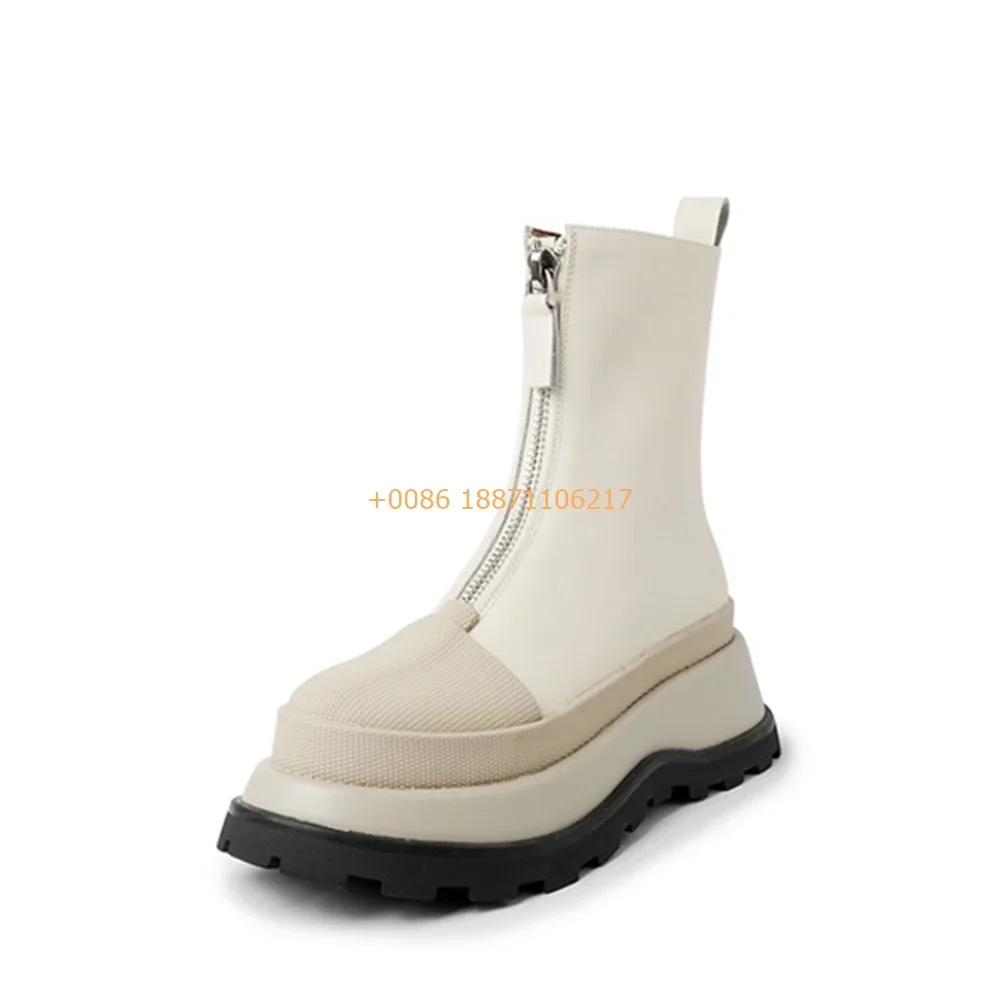 

Round Toe Elegant Zipper Women's Leather Boots Thick Sole Sexy Casual Office Boots Black/white Fashion Street Long Boots