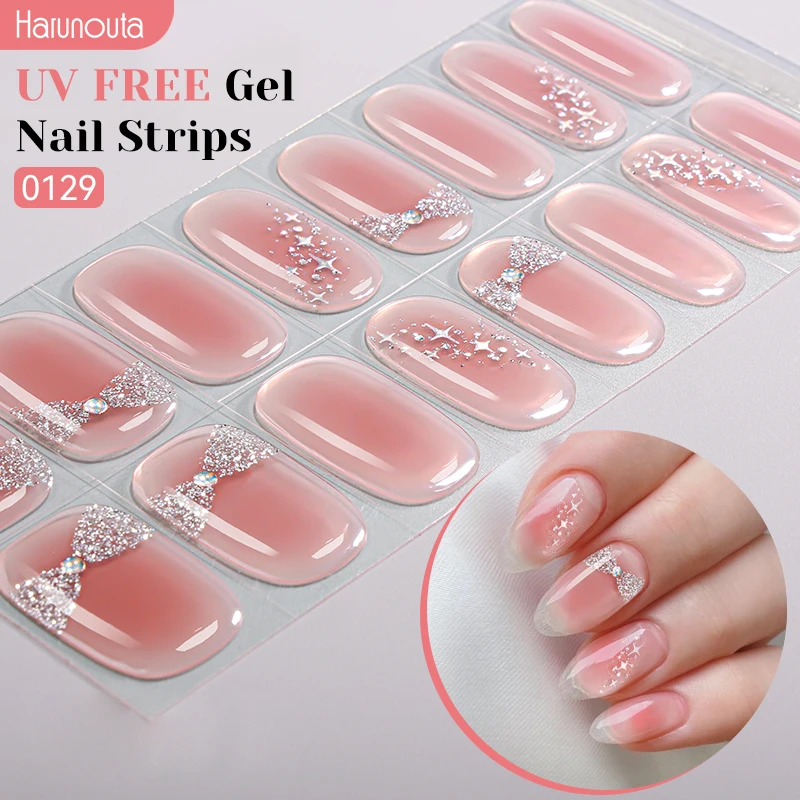 UV Free Nail Gel Strips Glitter Jelly Pink Gel Polish Nail Sticker Curing-free Adhesive Stickers for Nails Long Lasting Wrap