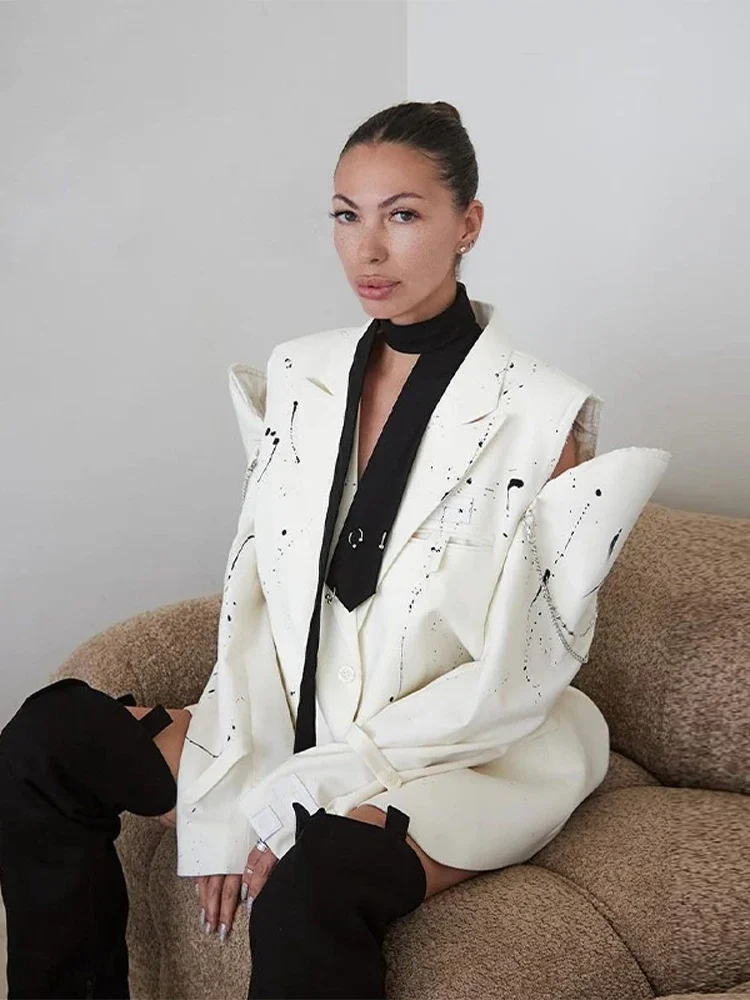 

Пиджак с открытыми плечами и длинными рукавами с принтом, женский модный однобортный пиджак с отложным воротником и карманами, верхняя одежда с локомотивом