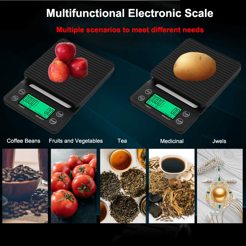 Precision Electronic Scale with LCD Backlight Display Coffee Balance Timer Digital Weight Gramera with Silicone Pad Scales 3/5KG