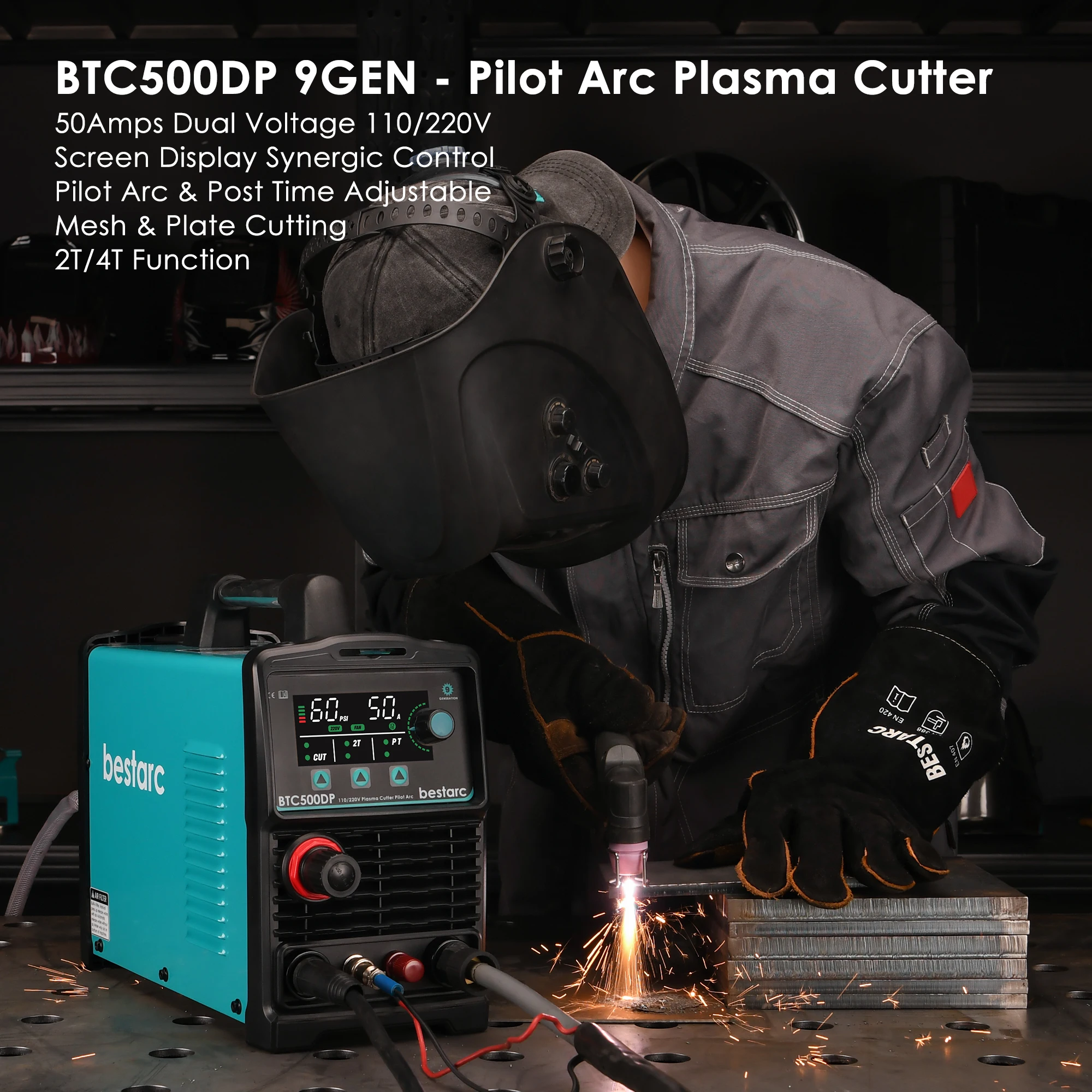 Plasma Cutter, Pilot Arc 50Amps Screen Display Single Phase Voltage 220V, Digital Plasma Cutting Machine (BTC500DP 9GEN 220V)