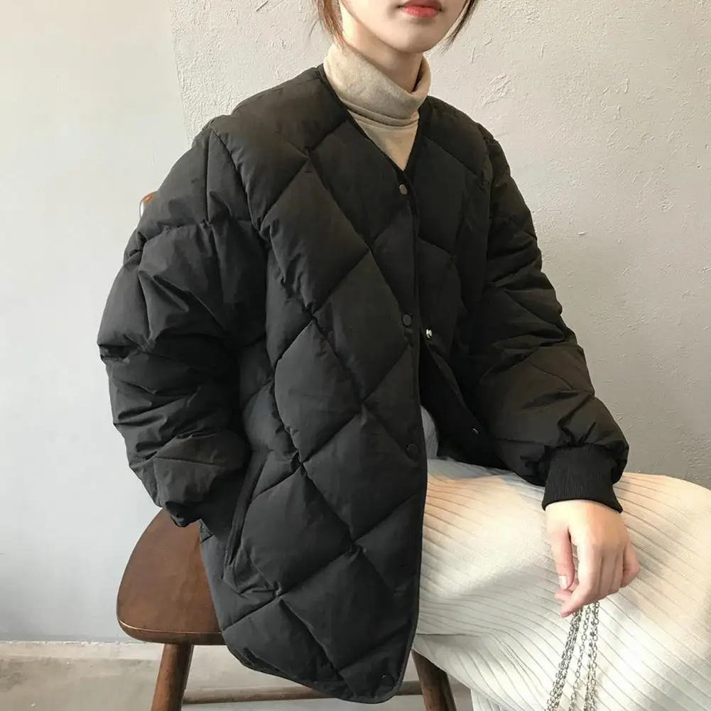 Veste matelassurera à col en V pour femme, manteau en coton, poches boutonnées, cardigan mince, optique, coréen élégant, automne, hiver