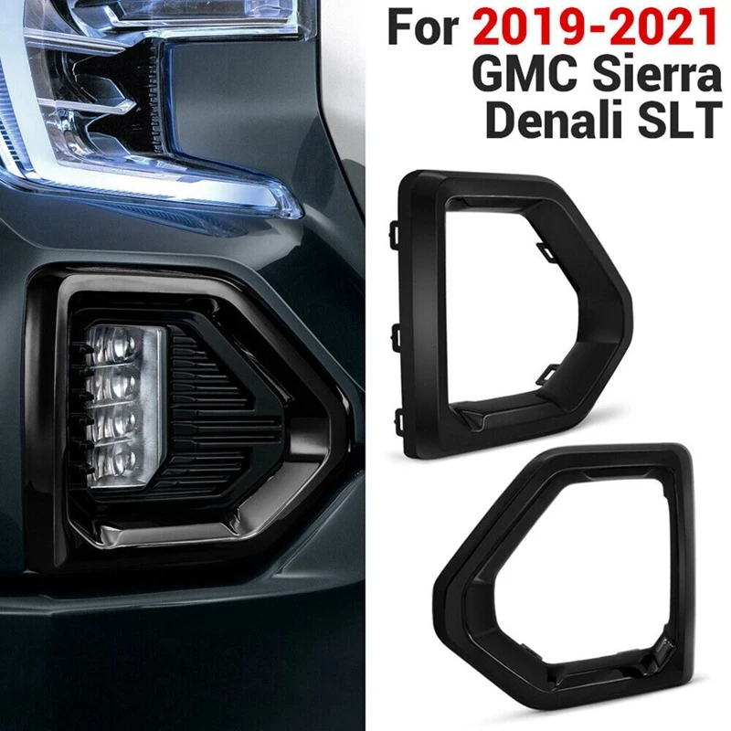 Front Fog Light Outer Bezel Cover Black Set For GMC Sierra 1500 Denali 2019-2022