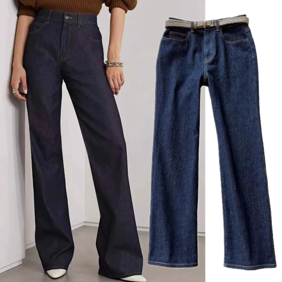 Dave&Di 2024 Spring High Waisted Straight Leg Slim And Loose Fitting Casual Jeans Women Navy Color Fashion Ladies Denim Pants