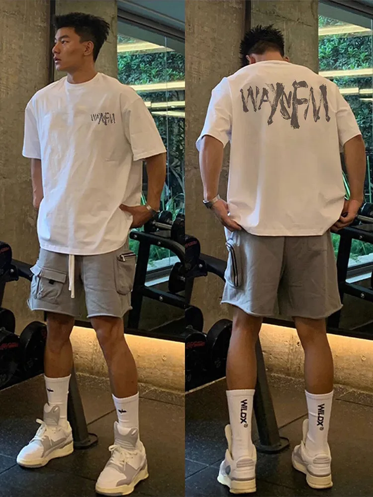 2026 Summer Distressed Rough Text Graphic T-Shirt Men Cotton Loose Fit Streetwear Casual Tops For Gym Training Daily Wear