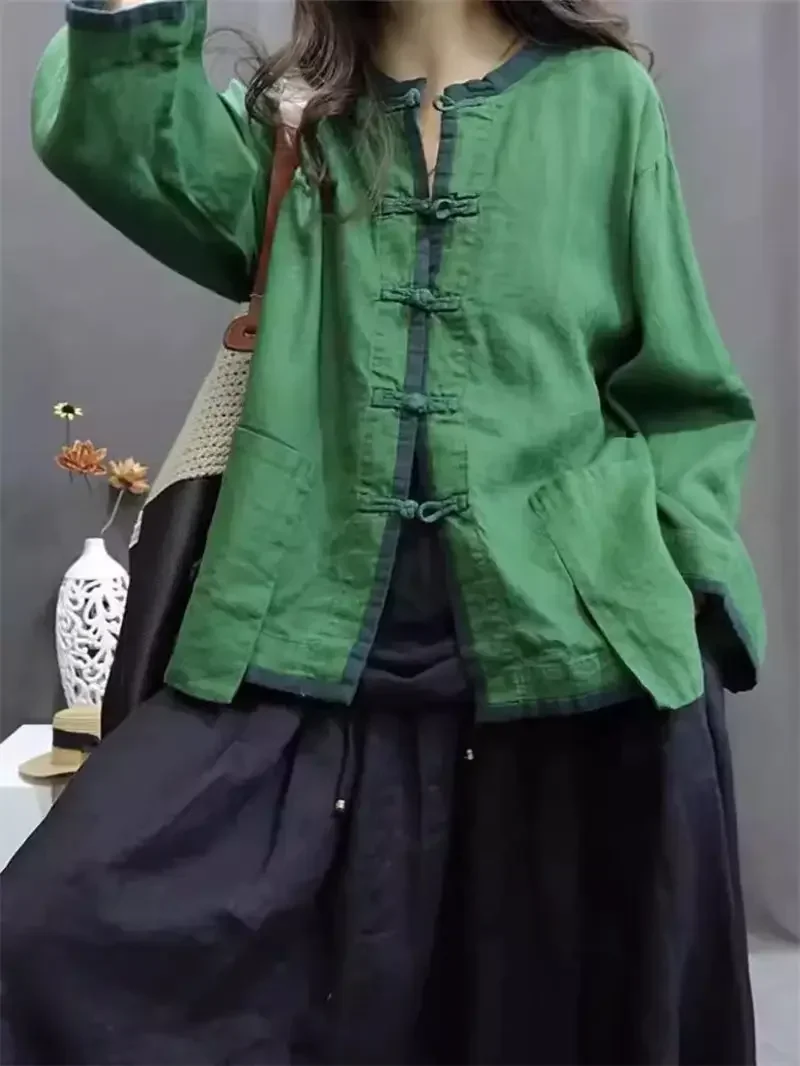 2025 novo estilo cinese cor contrastante placa fivela jaqueta de lino cardigan feminino gola alta retro casual solto topo k1861