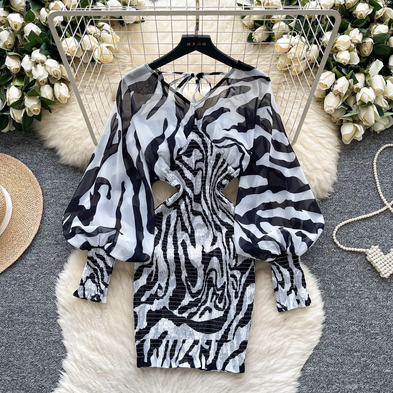 

Dress Women Dresses Mid Length Vestidos Striped Party Night Streetwear V Neck Lantern Sleeve Elegant Splice Y2k Work Wrap Hip