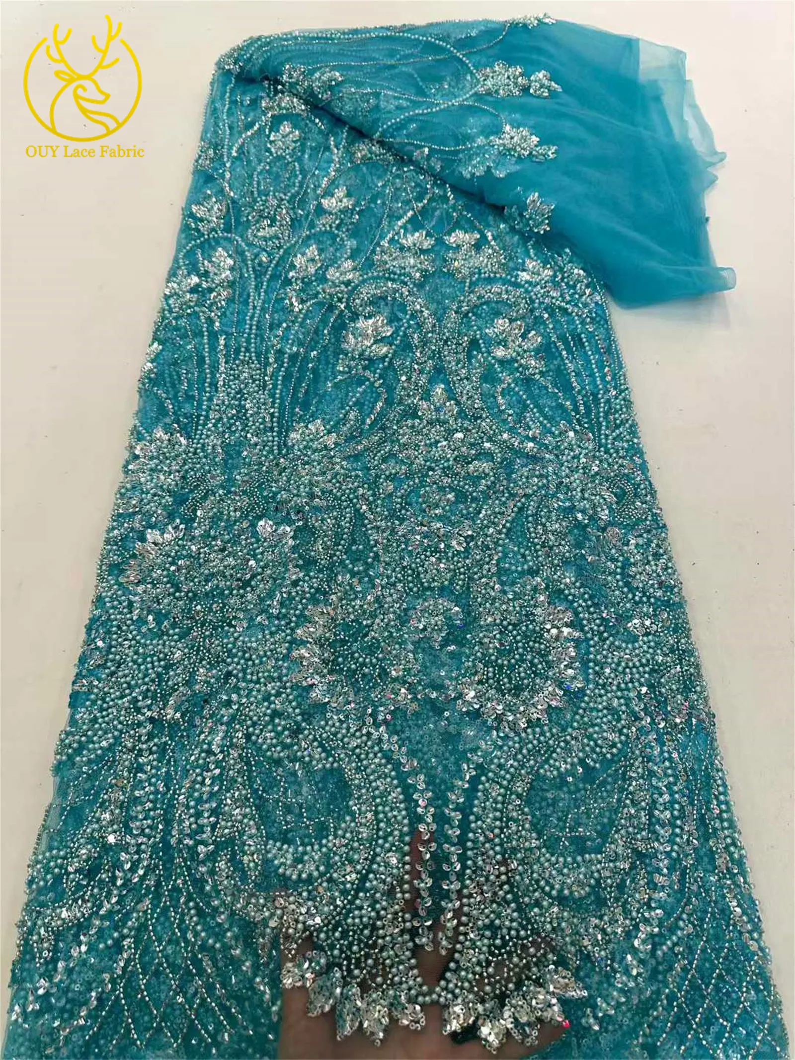 2026 Eleganter, hochwertiger afrikanischer nigerianischer Perlen-Spitzenstoff, luxuriöses französisches Pailletten-Netzgewebe, 5 Yards für Damen-Abendkleider und Partys – Detail 7