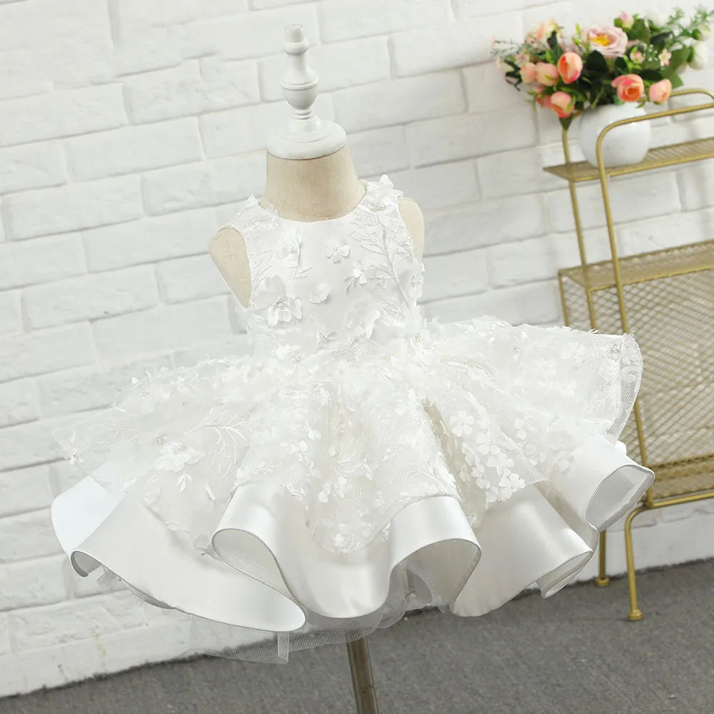 Ivory Flower Girl Dress For Wedding Sleeveless 3d Applique Mini Puffy Kid Birthday Princess Dress First Communion Ball Gowns