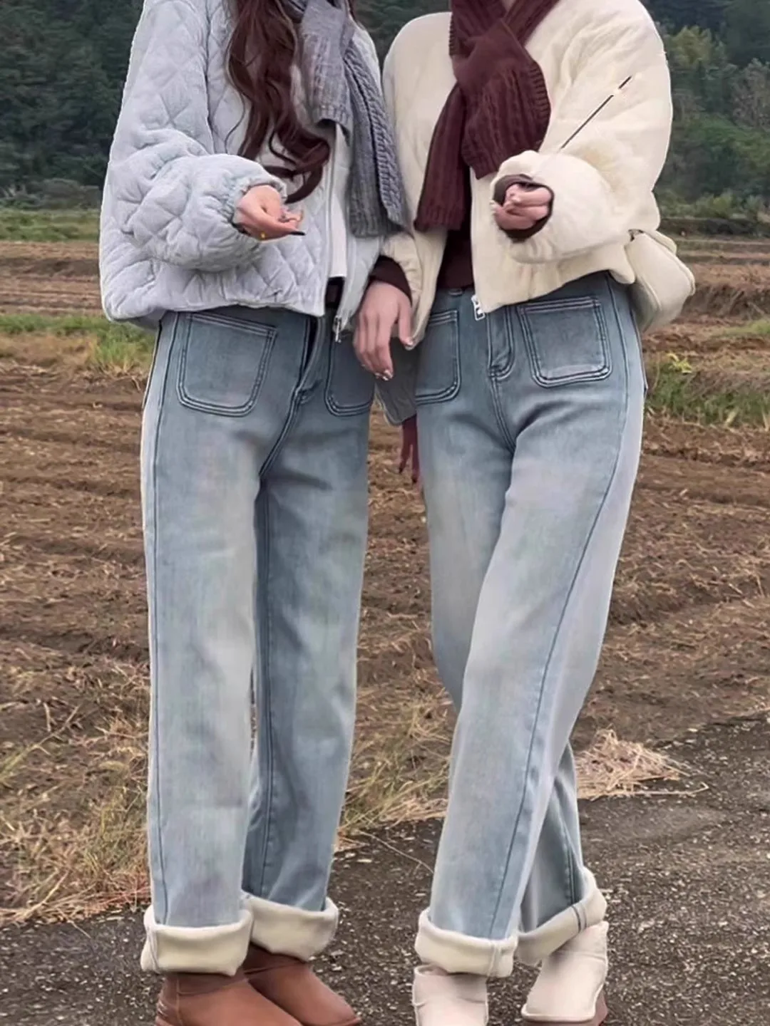 

High Waist Thiened Fce Women's Straight Leg Jeans Blue Color Winter New Sle American Sle Slimming Pants
