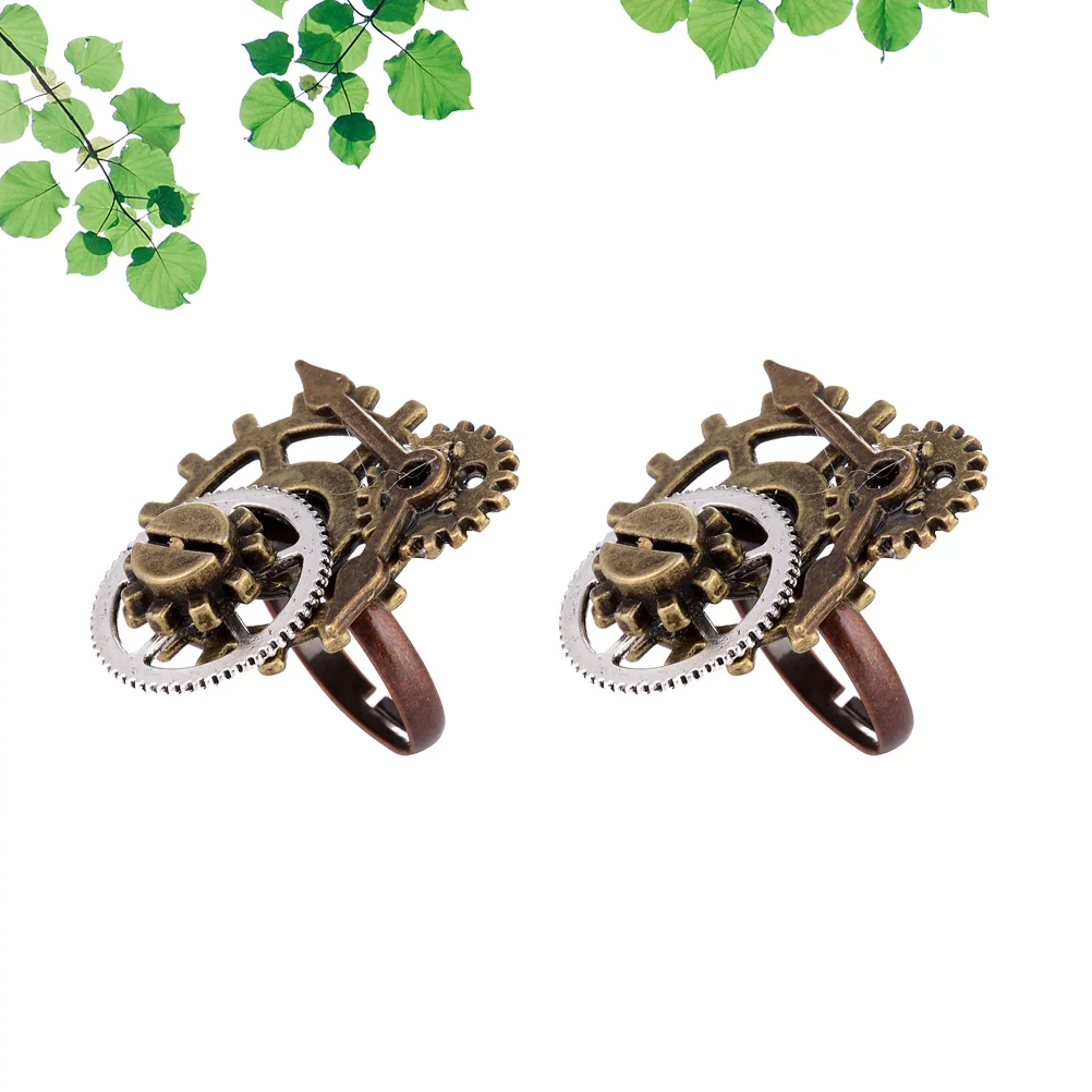 2PCS Steam Punk Ring Stylish Delicate Alloy Jewelry Creative Clock Gear Finger Ring for Men Women Decoration