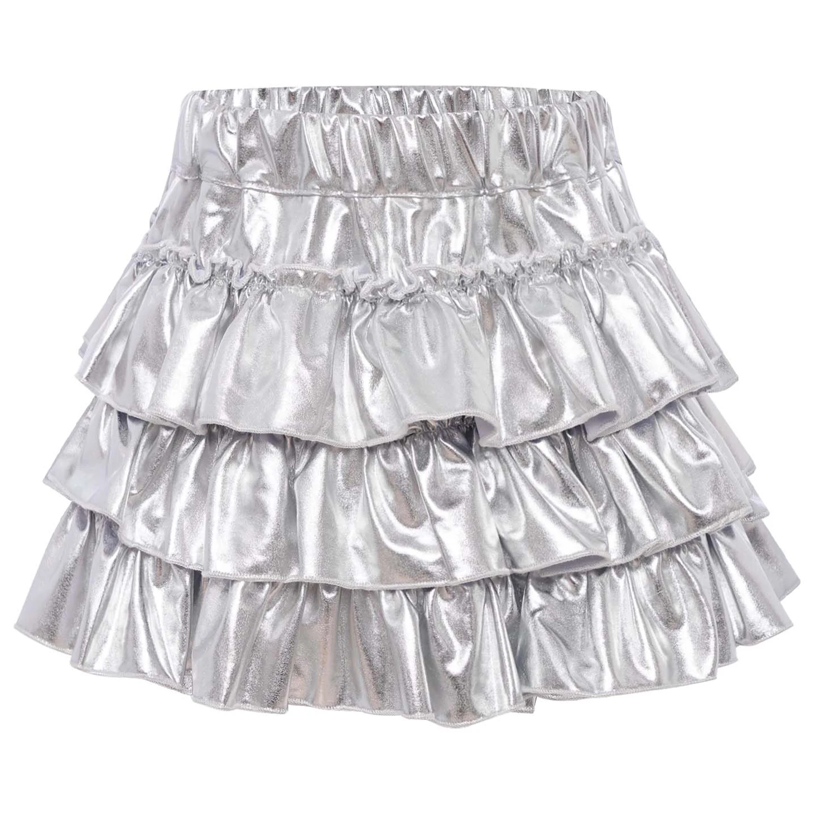 

Kids Girls Dance Skirt High Waist Elastic Waist Tiered Ruffles Metallic Skort with Built-in Shorts Cheerleading Dance Streetwear