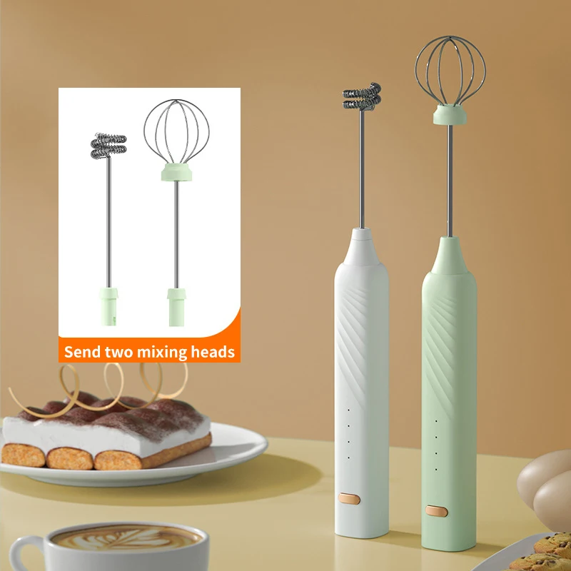 

2 In 1 Exchangeable Stirring Heads Handheld Electric Milk Frother 3 Speeds Coffee Mixer Egg Beater Rechargeable Foam Maker Tools