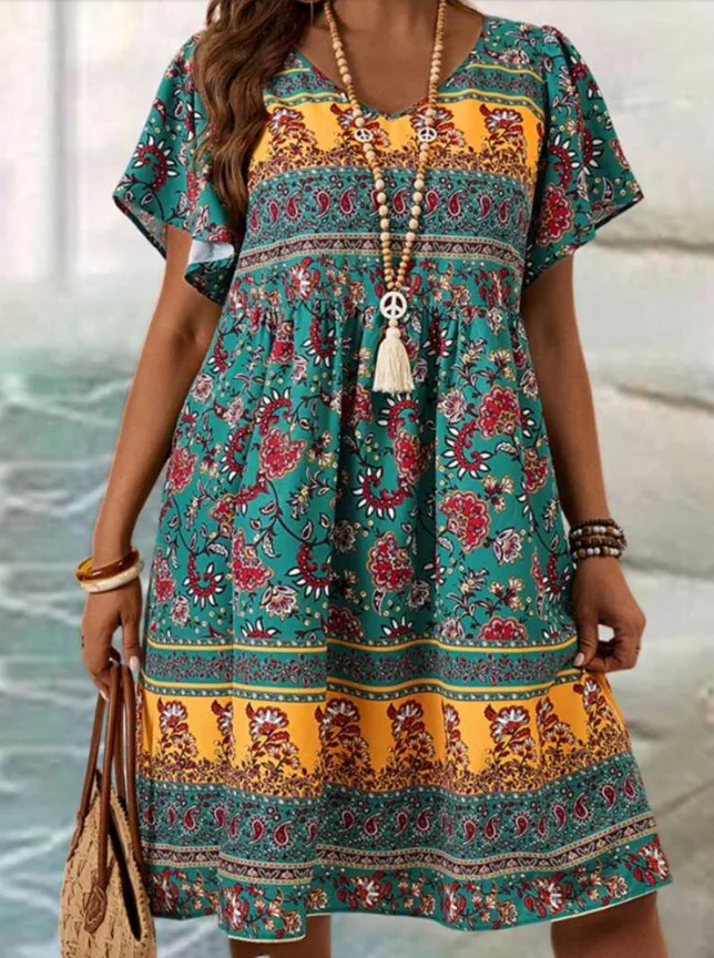 プリント半袖プルオーバー ラウンドネック ミッドレングスドレス カジュアル 通勤スタイル ポリエステル繊維 Aラインスカート サマードレス