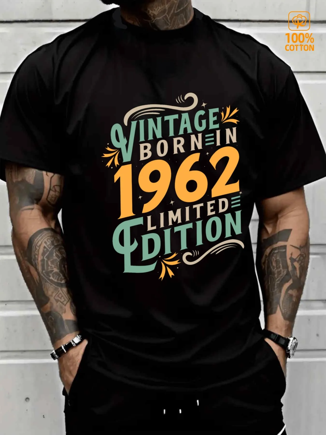 Vintage Men's Black Graphic T-Shirt Born in 1962 Limited Edition Bold Retro Letter Print Statement Design 100% Cotton Heavyweight Short Sleeve Casual Streetwear Tee