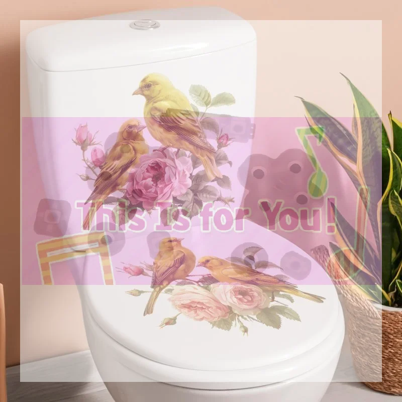 【MA】Pink Rose Canary Bird Toilet Sticker Bathroom Realistic Floor Decal Waterproof Anti-Slip Removable Bathtub Decor