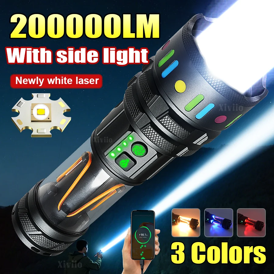 Ultra Powerful Flashlights 200000 Lumen Rechargeable Lamp Tactical High Power Led Flashlight With Side Light Power Bank Function