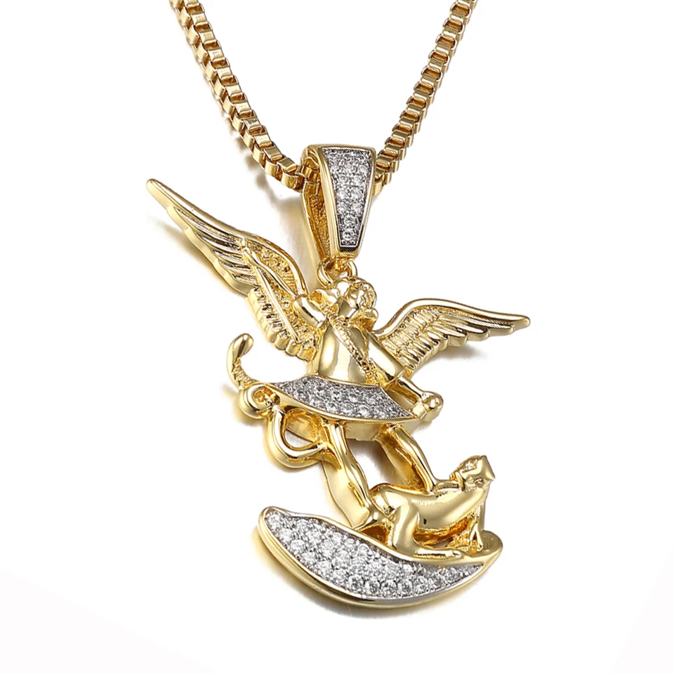 

VANAXIN Archangel Pendant Necklace for Men Women Bling 14k Gold Color CZ Cubic Zirconia Charm Hip Hop Jewelry