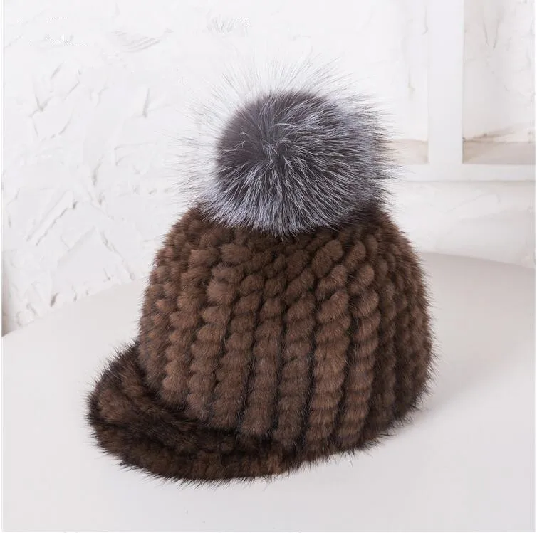 Winter Real Mink Fur Hat for Winter Women Knitted with Genuine Fox Fur New High Quality Women Baseball Caps