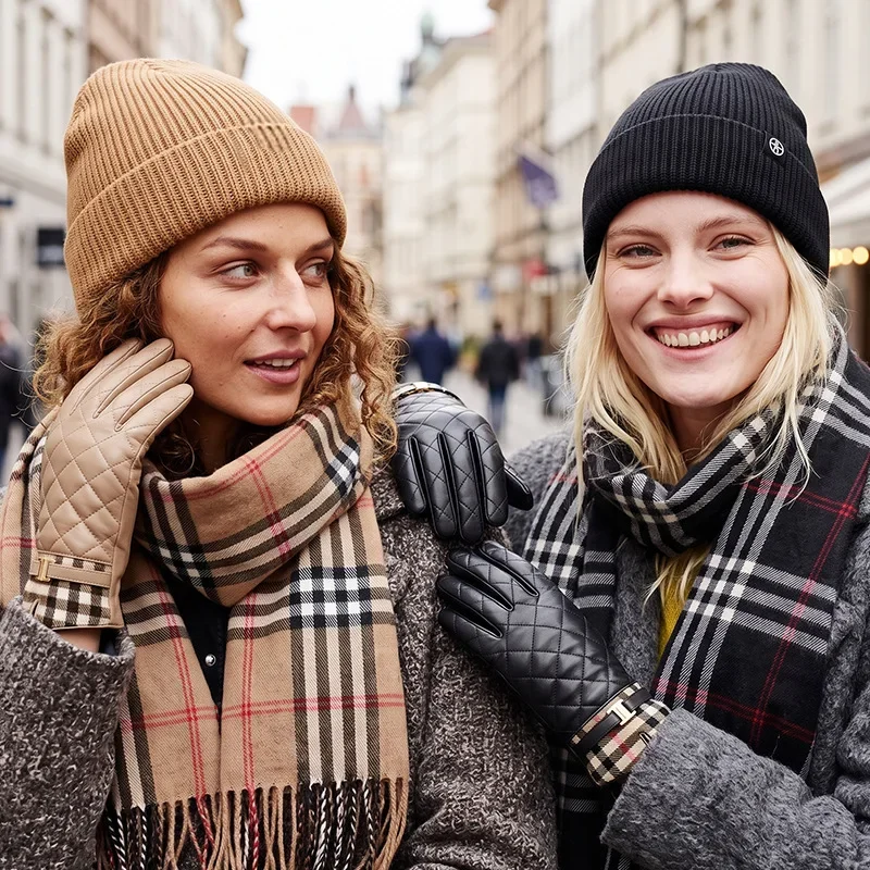 Merino Wool Blend 3-Piece Set, Plaid Hat Gloves Scarf, Warm Outdoor Winter Scarf & Shawl 2 in 1