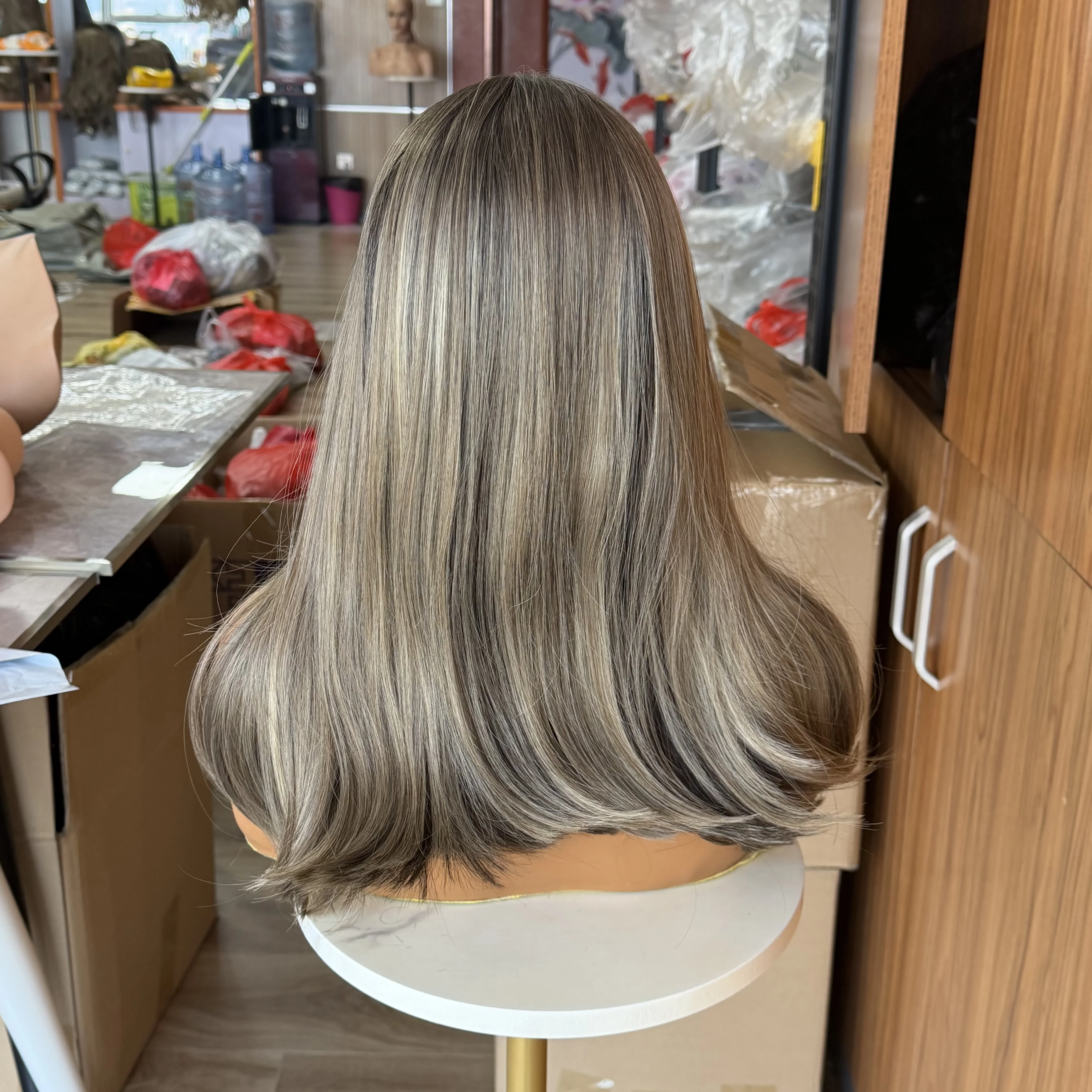 Ombre Brown Ash Blonde Synthetic 13x4 Lace Front Wig for Women Natural Straight Layered Heat Resistant Daily Use Wig