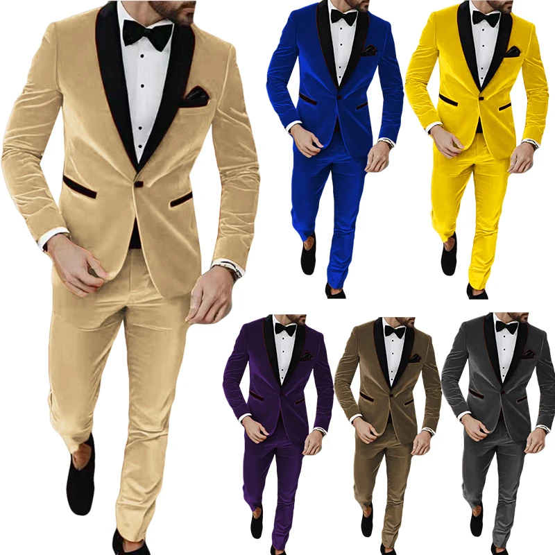 

NEW Suit Korean velvet Suits for Men 2 Pieces Blazer Pants Set Notched Lapel Men's Suit for Wedding Autumn Winter Prom Party