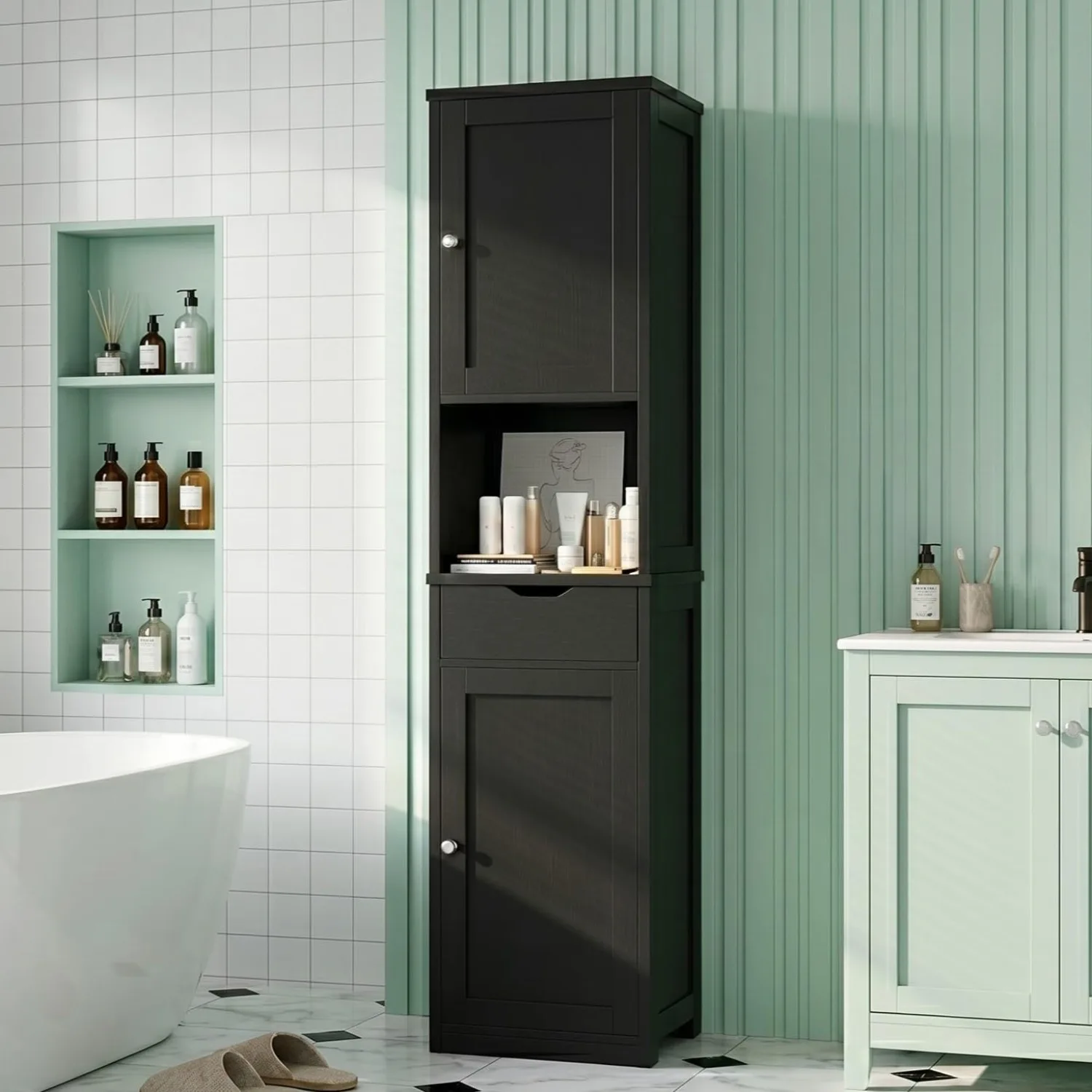 Bathroom Storage Cabinet, Narrow Storage Unit for Small Spaces, Freestanding Modern Cabinet with Adjustable Shelves, Customized