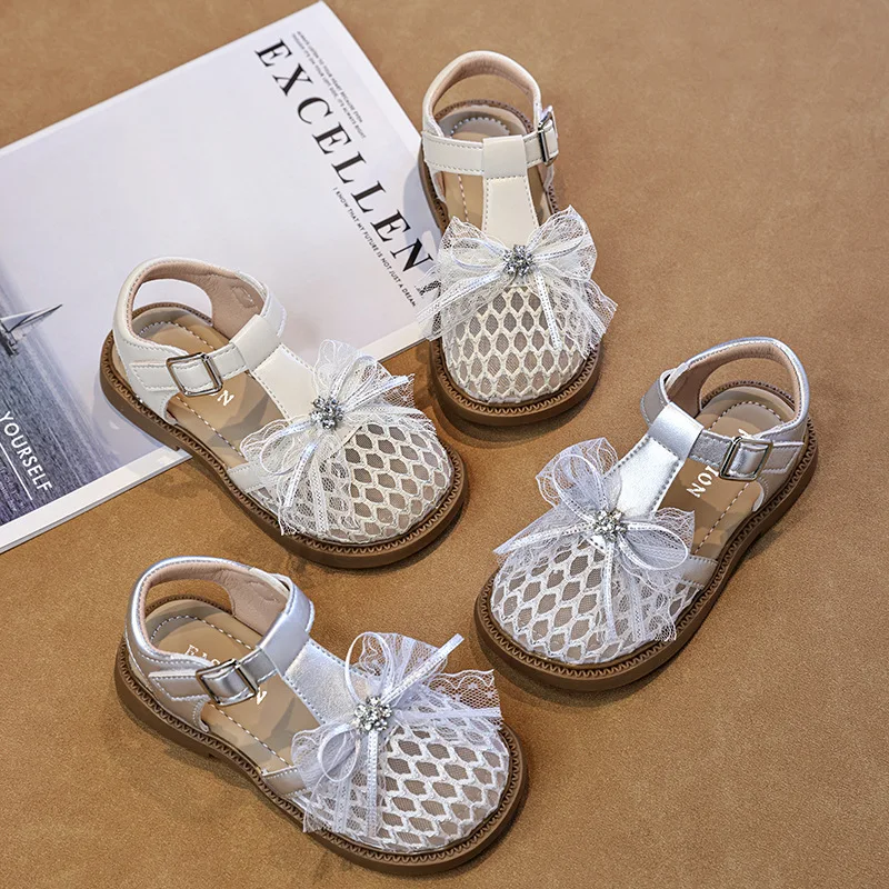 

Mumoresip Summer Girls Princess Sandals Mesh Rhinestone Children Flat Shoes T-strap Breathable Outdoor Kids School Beach Sandals