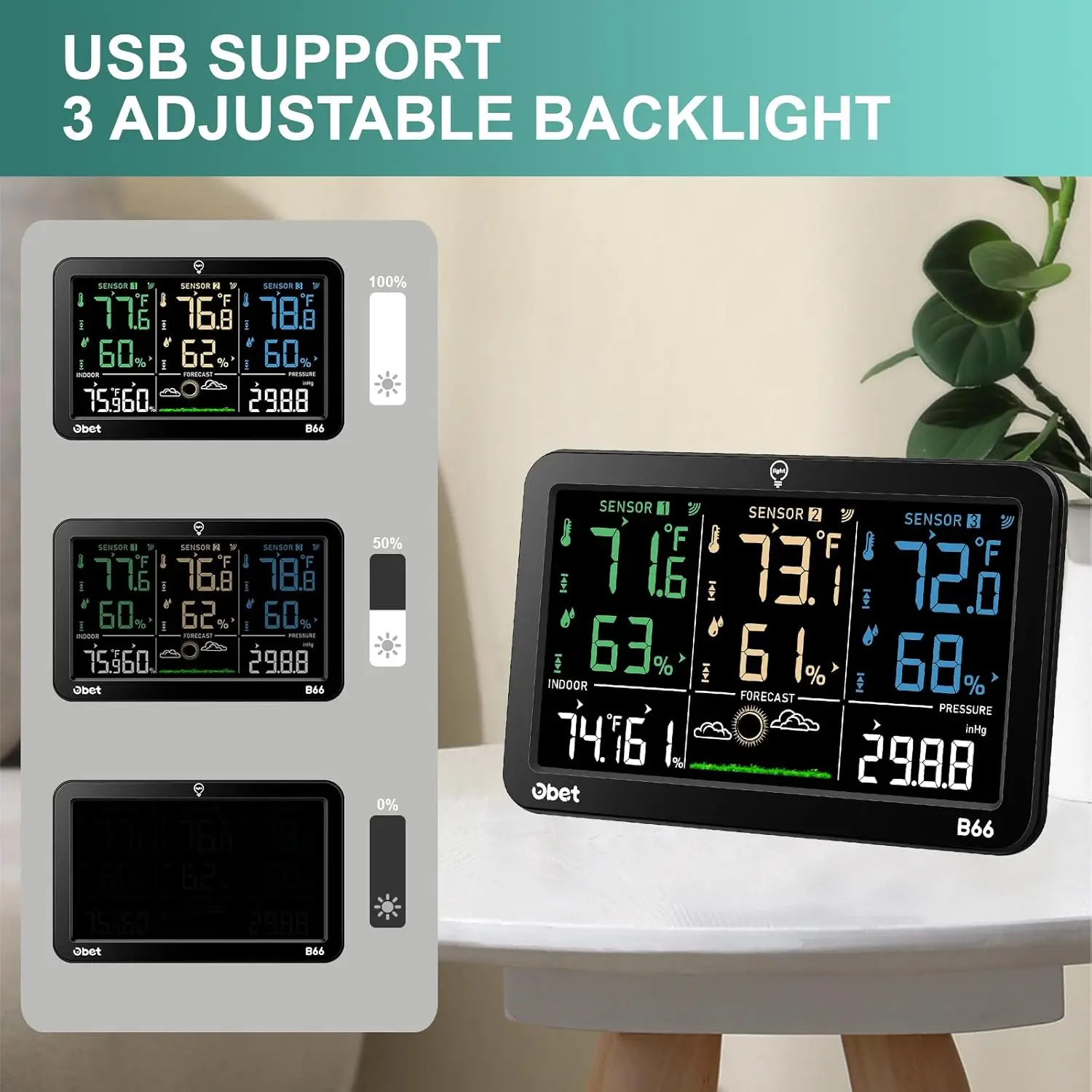 Wireless Weather Station with 3 Sensors, Digital Temp/Humidity Monitor, Alerts, Adjustable Backlight, USB Port – Indoor