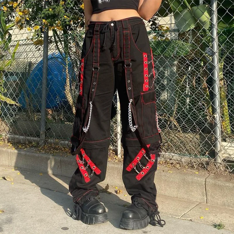 European and American retro dark style cool webbing eyelet chain casual pants contrasting stripes mesh splicing wide leg pants