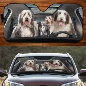 Funny Bearded Collie Family Driving Dog Lover Car Sunshade, Car Window Sun Cover for Bearded Collie Lovers, Car Windshield Visor