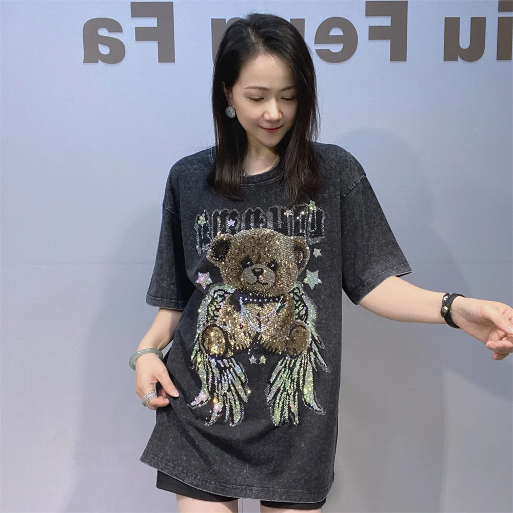 Handsome New Spring Summer Loose Women T-shirt Large Size Round Neck Mid-long Casual Tops Diamonds Bear Wings Short Sleeve Tees