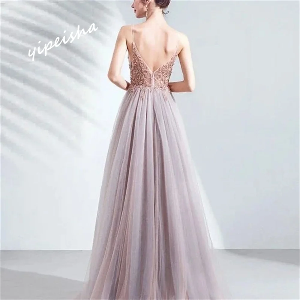 Yipeisha Prom Dress Exquisite Spaghetti Strap A-line Floor Length  Dresses Rhinestone Beading Tulle Customized 