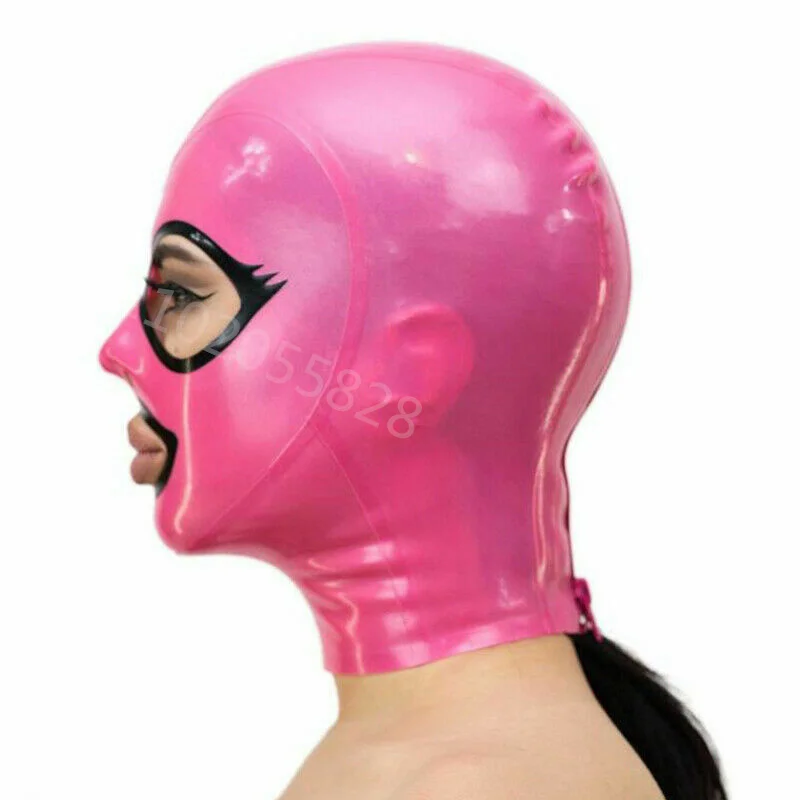 Natural Latex Hood Mask Cosplay Pink Latex Hood Open Beautiful Eyes and Mouth With Trims Back Zipper Rubber Mask Club Wear