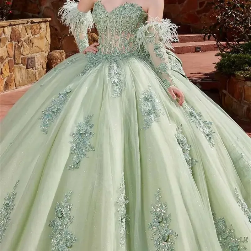 

Платье Quinceanera с перьями и бантом, 2024, бальное платье принцессы, Vestidos De 15 Quinceañera, милые 15 платьев, вечернее платье