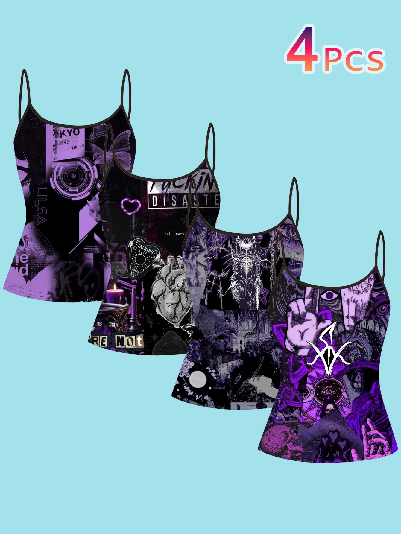 4-Piece Set of Purple and Black Gothic Glitch Collage Print Camisole for Women, Anime Girl Heart-Shaped Slim-Fit Spaghetti Strap Top