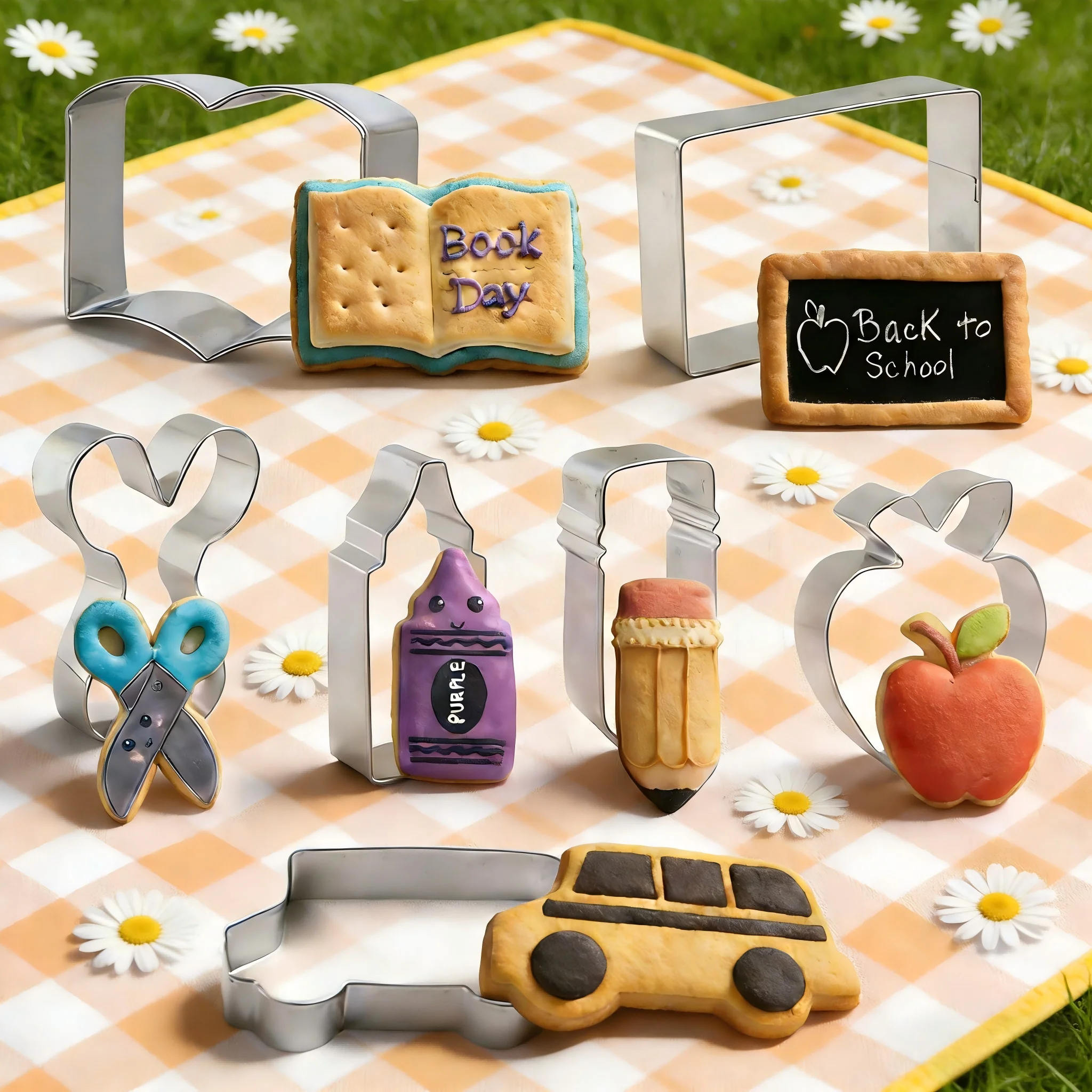 7PCS Back to School Cookie Cutter Set Food-Grade Stainless Steel Apple Book Crayon Ruler Shapes for Teacher Gifts Home DIY Bakin
