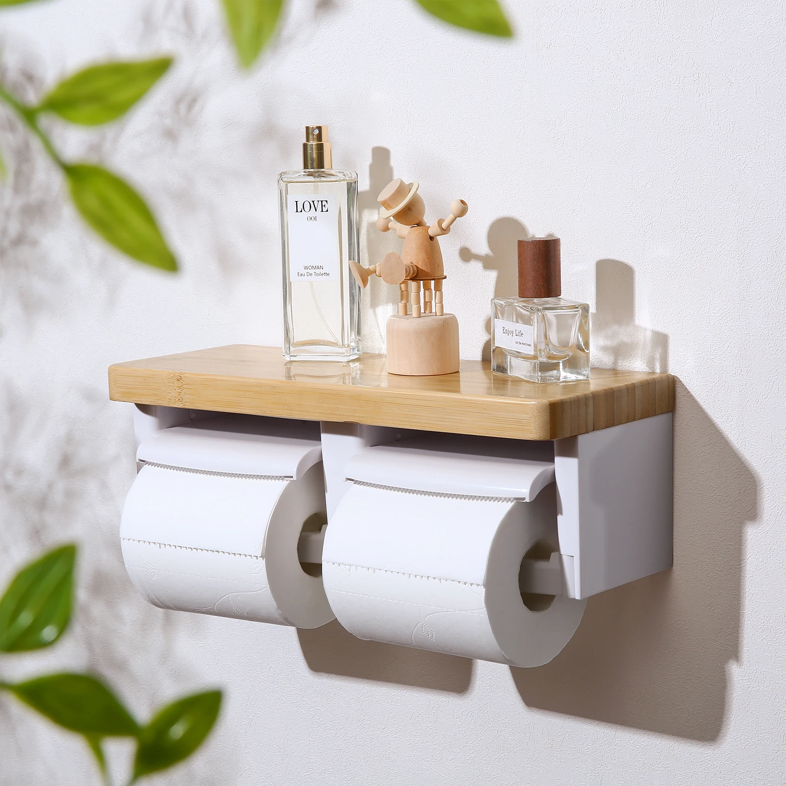 【セール中】トイレットペーパーホルダー バスルーム ABS プラスチック 竹材 カット機能付き DIY スタイリッシュ 2段棚付き 賃貸住宅に最適 小物収納 簡単設置 簡単補充 装飾棚 ペーパーロールホルダー コンパクトデザイン