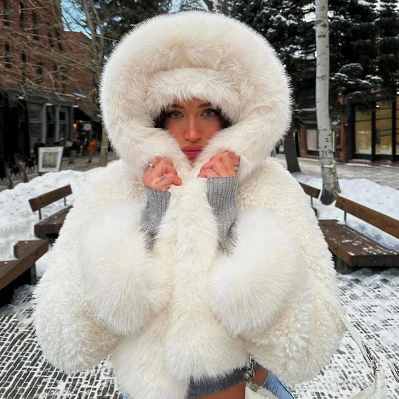 

Warm Fur Coat Autumn Winter New Sle Hooded awl Women's Long Sve ort Coat European Sle Faionable And Comfortable