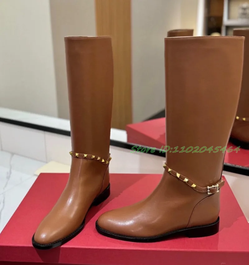 Black\Brown Rockstud Flat Leather Knee High Boots Soft Women's Round Toe 2024 Winter Pull on Long Boot Luxury Designer Shoes