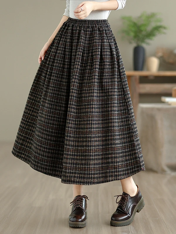 

Твидовая клетчатая юбка в стиле ретро, женская осенне-зимняя новинка Sle Lady Ele, свободная утягивающая юбка-зонтик трапециевидной формы с высокой талией