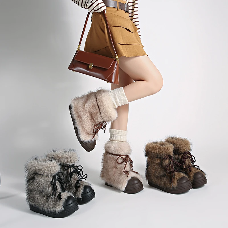 Winter Furry Lace Up Women Snow Boots Concise Height Increase Shoes Female Thick Sole Warm Cotton Short Booties Zapatos De Muje